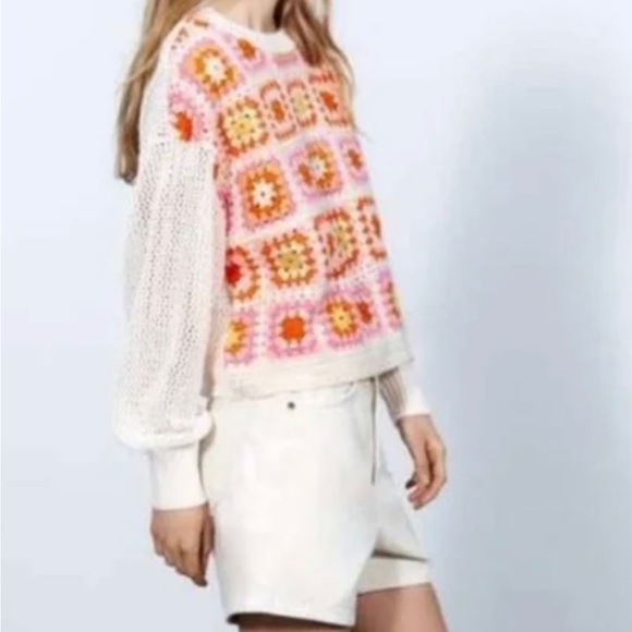 Zara Crochet Sweater Women S Patchwork Square Colorful Puff Sleeve Granny Boxy - Picture 2 of 14